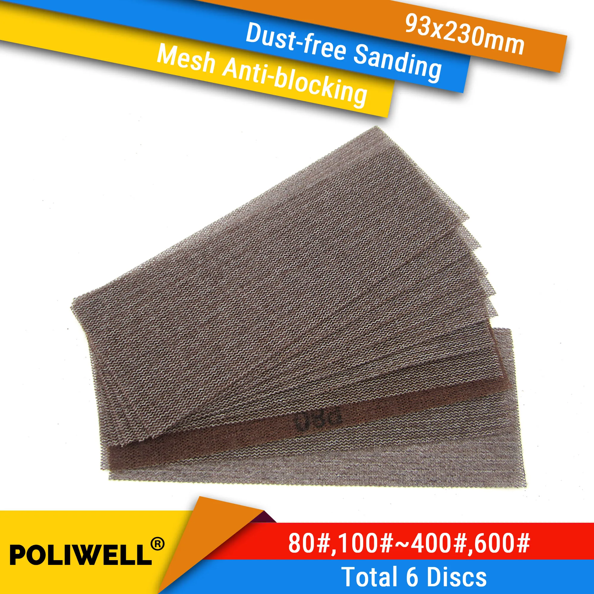 6PCS 3.66 x 9inch (93 x 230mm) Hook & Loop or Clip on Sander Pads，Mesh Dust Free Sandpaper (80-600#)