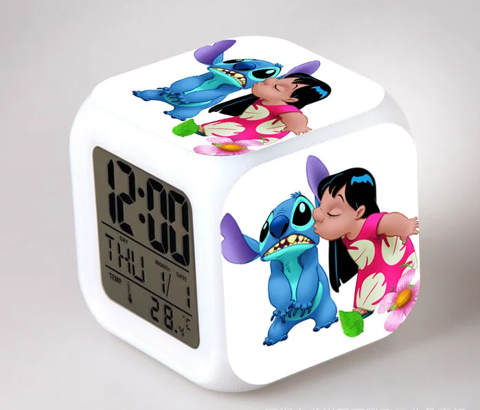 Мультфильм детский будильник игрушки Lilo& стежка спальня часы светодиодный 7 цветов вспышка цифровой будильник Пробуждение свет Reveil настольные часы - Цвет: 12