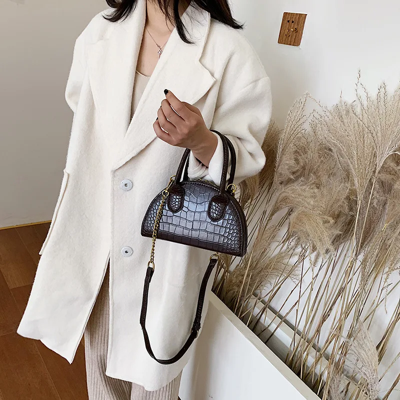 

New Arrival Retro WOMEN'S Bag 2019 New Style Semi-Circular Crocodile Pattern Shoulder Bag Hand Saddle Bag Chain Shoulder