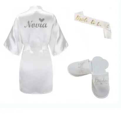 3pc set of glitter gold bride satin short bride robe slippers bridal sash peignoir women Bridal Party kimono robe
