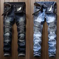 Мужские плиссированные джинсы для байкеров, брюки S-lim Fit, фирменный дизайн, мотоциклетные джинсовые брюки для мужчин, прямые, вареные, на