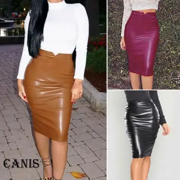 

Women Wet Look Faux Leather Pencil Bodycon High Waist Skirts Clubwear