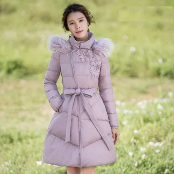 

Women Winter Down Parkas New Autumn Winter Medium-long Slim Waist Fur Collar Hooded White Duck Down Jackets Warm Outwear