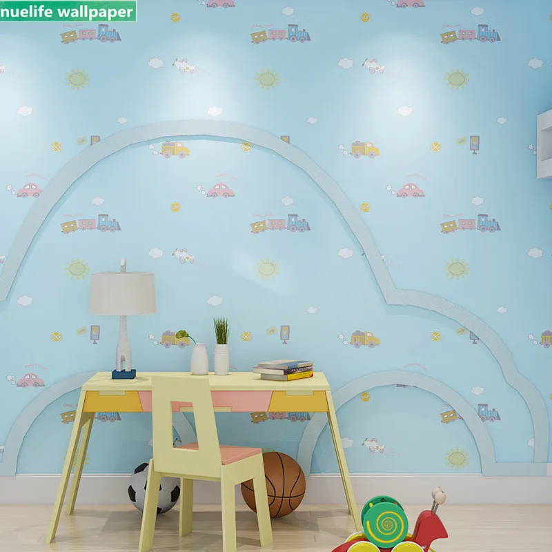 

Blue cartoon car pattern non-woven wallpaper living room nursery bedroom children's room TV background wall paper
