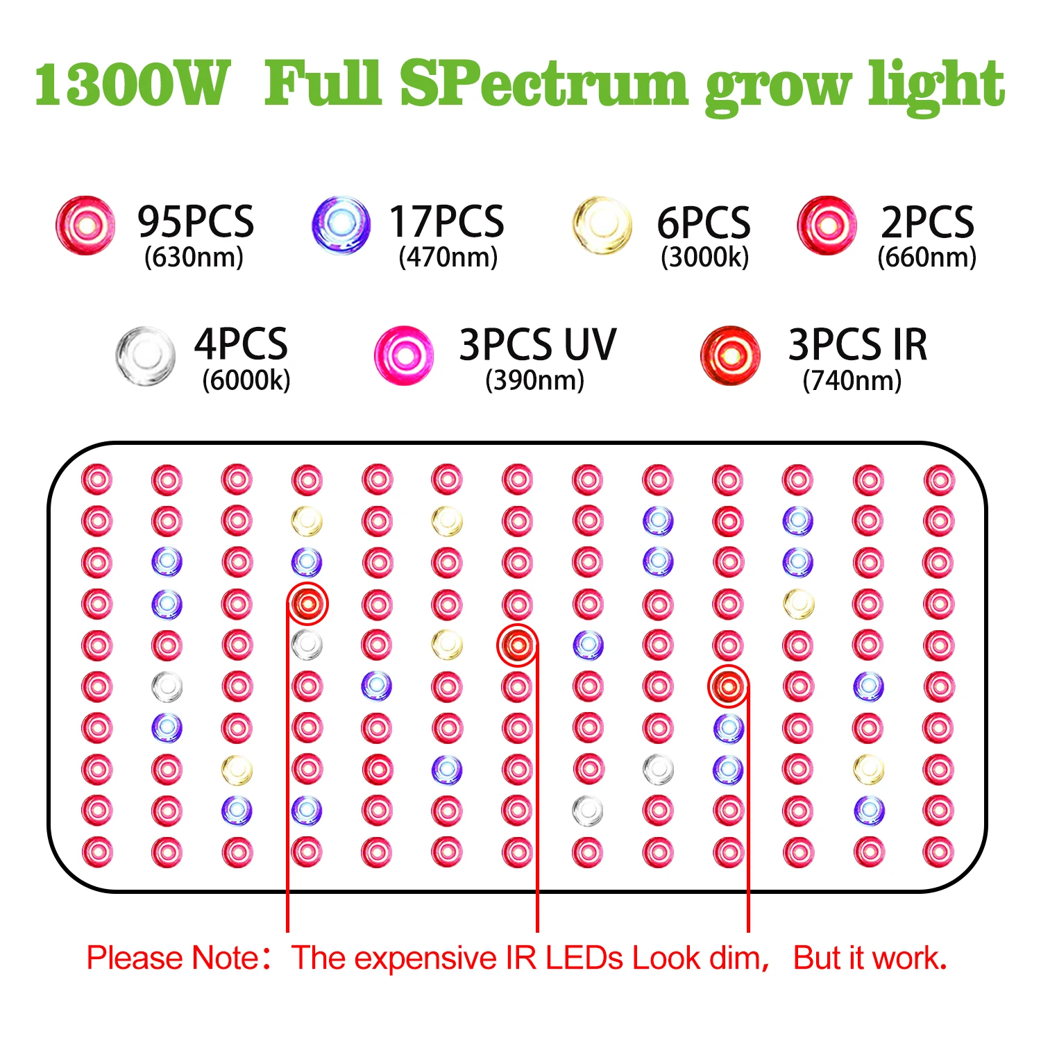 YAIYAN 1300W LED Plant Grow Light,with Thermometer Humidity Monitor,with Adjustable Rope,Full Spectrum Double Switch Plant Light