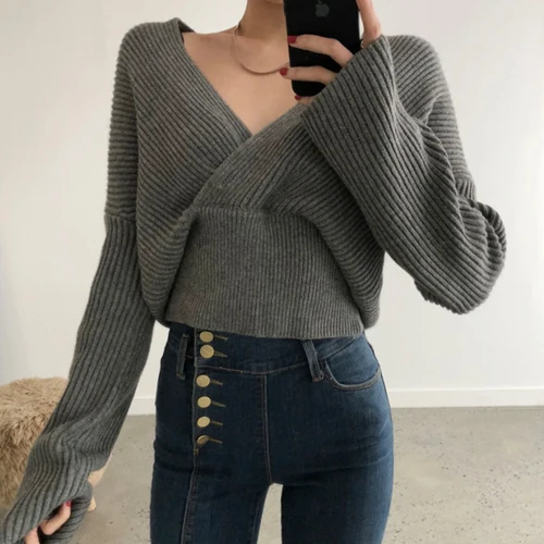 SuperAen Korean Style Women Pullovers Sweaters Autumn and Winter New Ladies Sweaters V Neck Solid Color Casual Tops Female - Цвет: grey