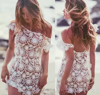

Women Bathing Suit Solid Lace Short Sleeve Crochet Bikini Swimwear Cover Up Casual Beach Lace Dress