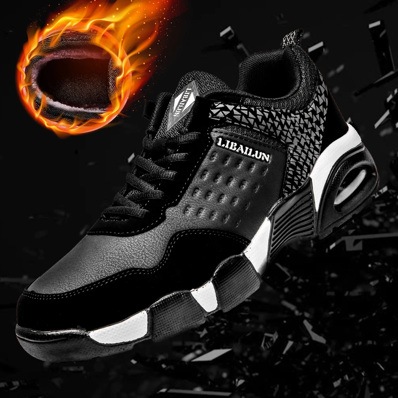 black fur shoes Мужская обувь для бега; Зимние теплые кроссовки с мехом; Водонепроницаемая Нескользящая спортивная обувь с амортизатором; спортивная обувь из искусственной кожи; спортивная обувь - Цвет: black fur shoes