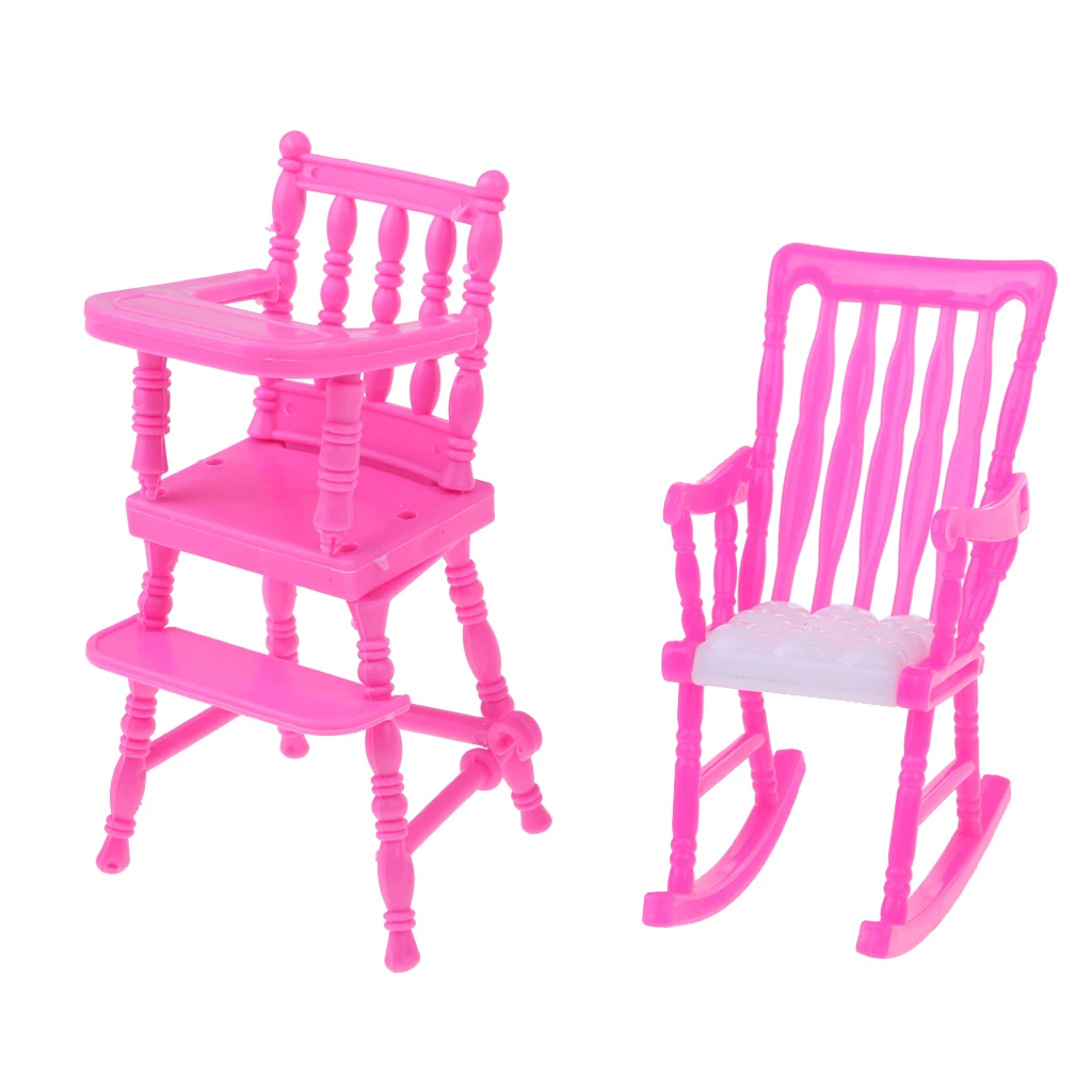 Pink Baby Rocking Bed + Baby Dining Chair + Rocking Horse + Baby Rocking Chair Nursery Room Accessory for Dolls House