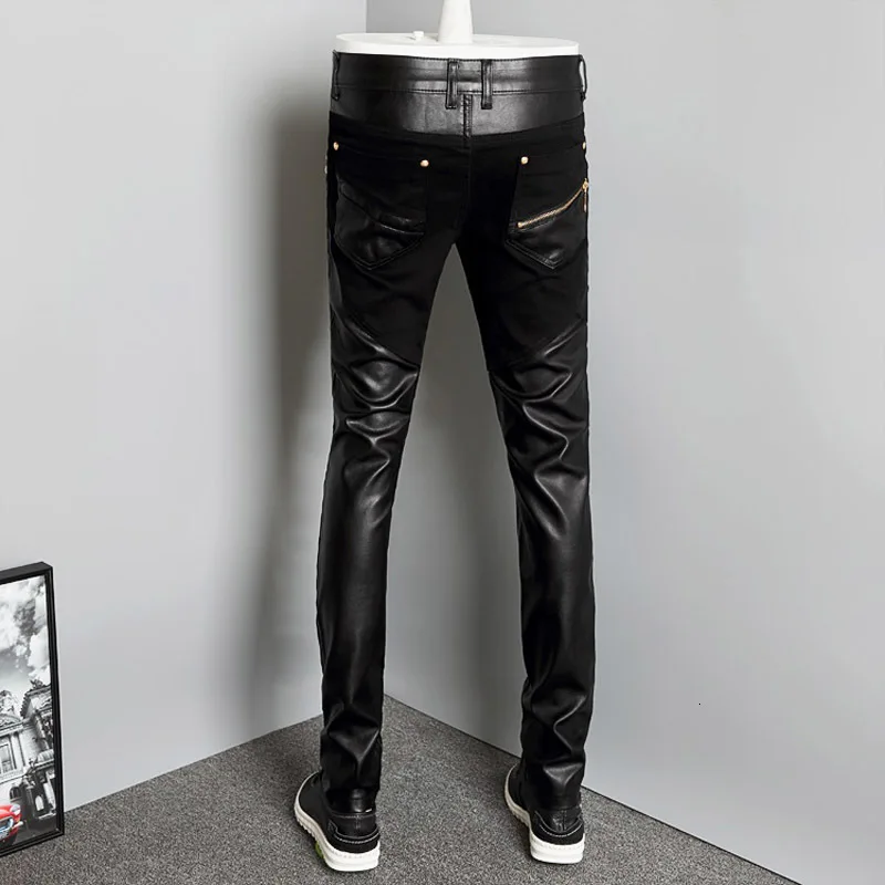 Новая мода Сращивание мужские мотоциклетные брюки корейский Slim Fit pu кожаные брюки уличные повседневные брюки карандаш с молнией размера плюс