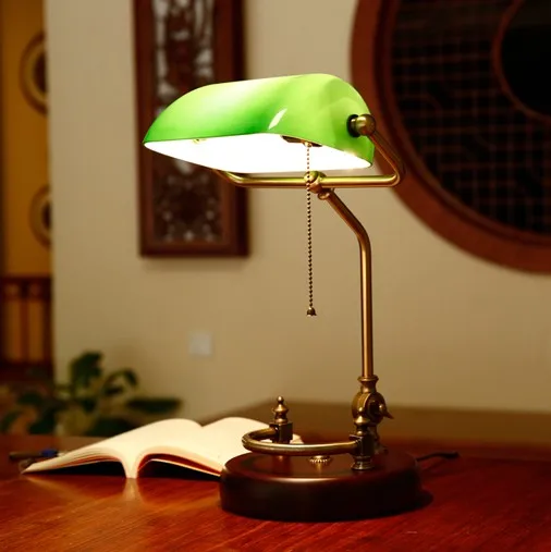 Bankers-desk-lamp-vintage-table-lighting-fixture-green-glass-cover-shade-birch-wood-base-antique-adjustable