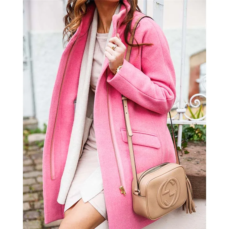 Осенне-зимнее шерстяное пальто на молнии для женщин, Повседневная Уличная одежда с длинным рукавом, облегающие Топы для женщин, розовая верблюжево-коричневая верхняя одежда с отложным воротником