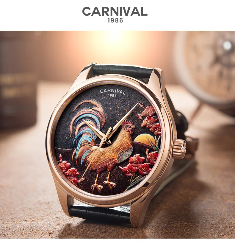 New Fashion top luxury brand CARNIVAL watches men automatic mechanical leather strap 3D cock dial clock MIYOTA movement relogio