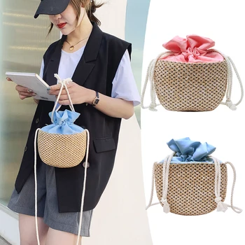 

2020 Summer Woven Crossbody Bucket Bag Sweet Woman Beach Bag Female Shoulder Handbags Girls Drawstring Messenger Crossbody Bags