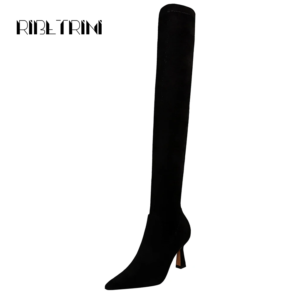 

RIBETRINI Sexy Hoof Heels over-the-knee Boots Women Pointed Toe Streth Long Boots Women Nightclub Slim Boots Shoes Woman