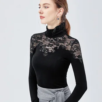 

Europe New Women Spring Autumn Turtleneck Lace Patchwork Hollow Out Black T Shirt Tops Female Sexy Slim Elegant Bottom Shirts