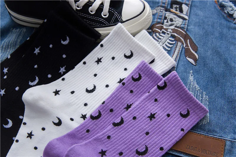 1 пара Женские хлопковые скейтборд, Уличная мода Хип носки унисекс Harajuku Звезды Луна забавные Носки с рисунком средней длины женские носки