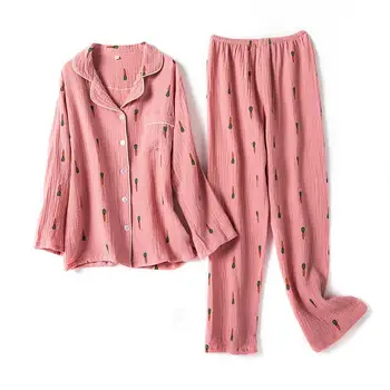 

Summer New Pajamas 2PCS Shirt&Pants Casual Cotton Sleepwear Lady Spring Cute Print Intimate Lingerie Kimono Gown Homewear
