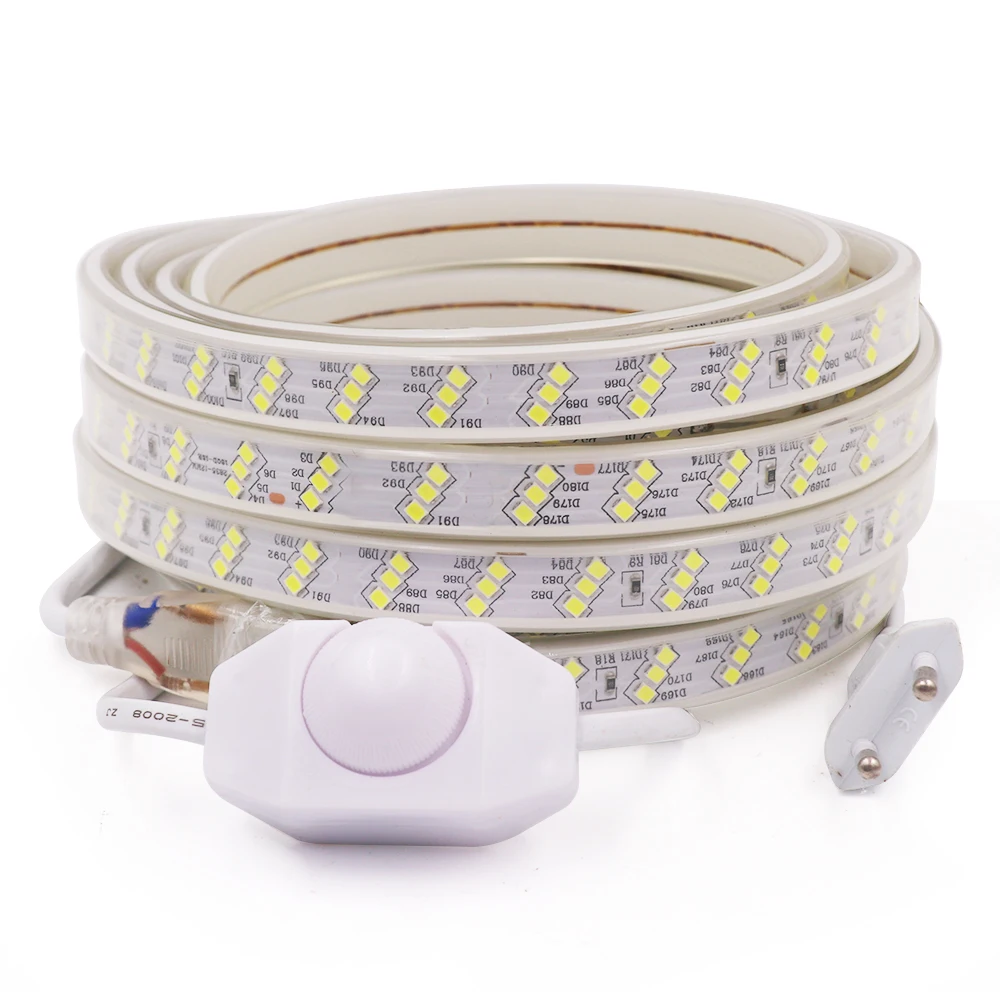 

Dimmable Led Strip Light SMD 2835 220V 230V 240V 180LED 2/3 Row White Lighting Flexible Led Ribbon With Dimmer EU UK Power Plug