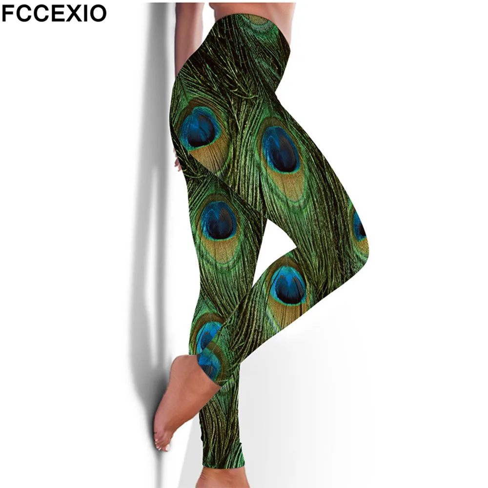 FCCEXIO High Waist Fitness Elastic Leggings Peacock Bird Feather 3D Print Sexy Plus Size Leggins Casual Workout Sport Pants amazon leggings Leggings