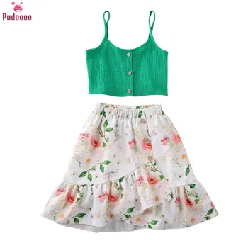 

1-5 Years Kids Baby Girls 2 Pieces Summer Clothes Set Sweet Green Straps Crop Tops Vest and Floral Skirt Dress Outfit Sets