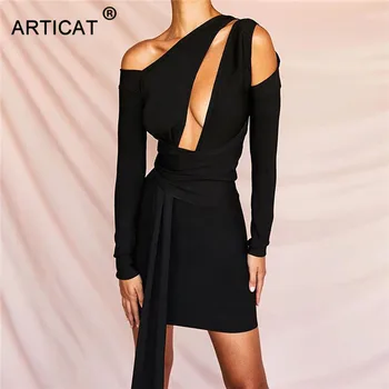 

Articat Sexy Irregular Neck Hollow Out Drop Draped Bodycon Dress Women Off Shoulder Long Sleeve Solid Black Mini Drss Pary Wear