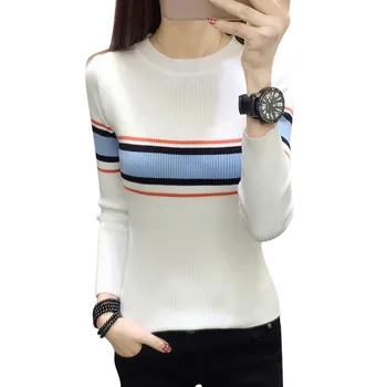 

Women Loose Sweater Round Neck Pullover Long Sleeve Casual Stripes Print Stitching Tops
