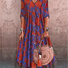 V-образный вырез цветочный принт хлопок лен размера плюс платье M-3XL Большой размер женское платье свободное Бохо длинное Макси платье большие зимние платья