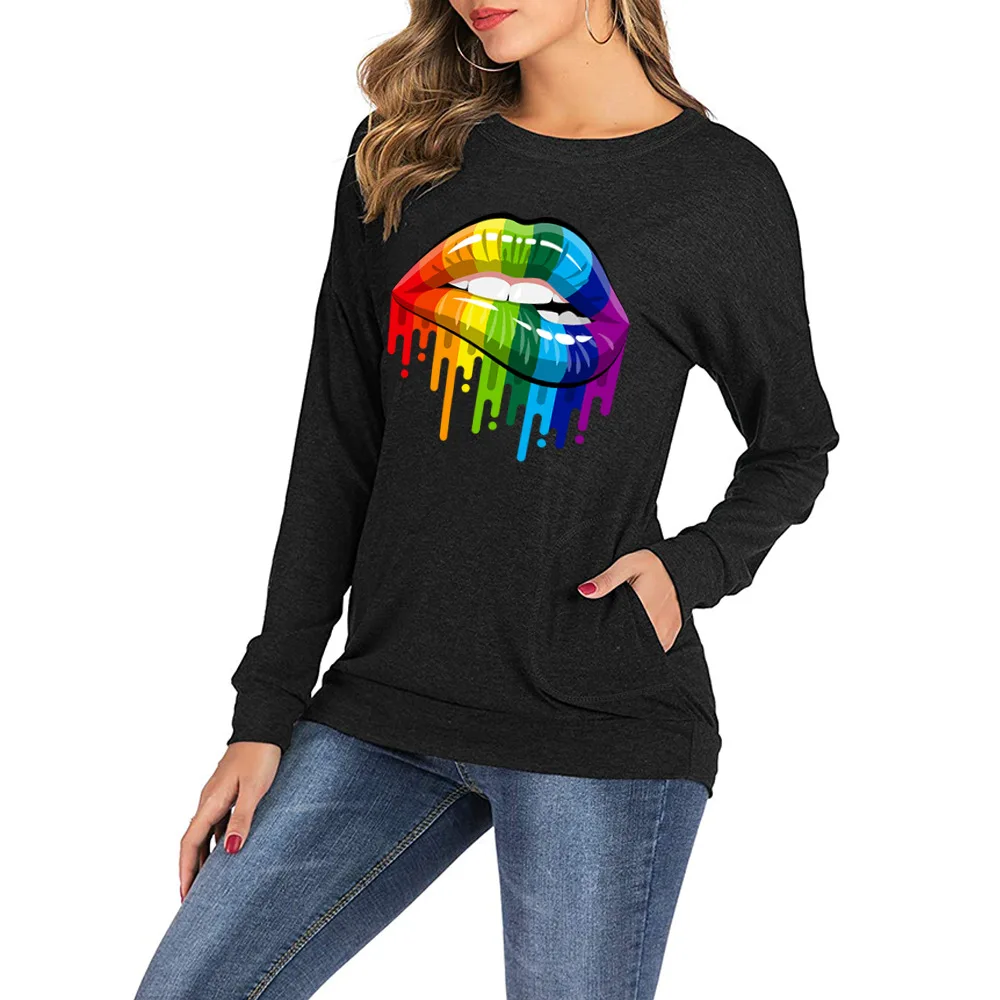 

New Women's T-shirt O-Neck Harajuku Colorful Colorful Lips Print Top Long Sleeve Casual Female T shirt Oversized Warm Autumn