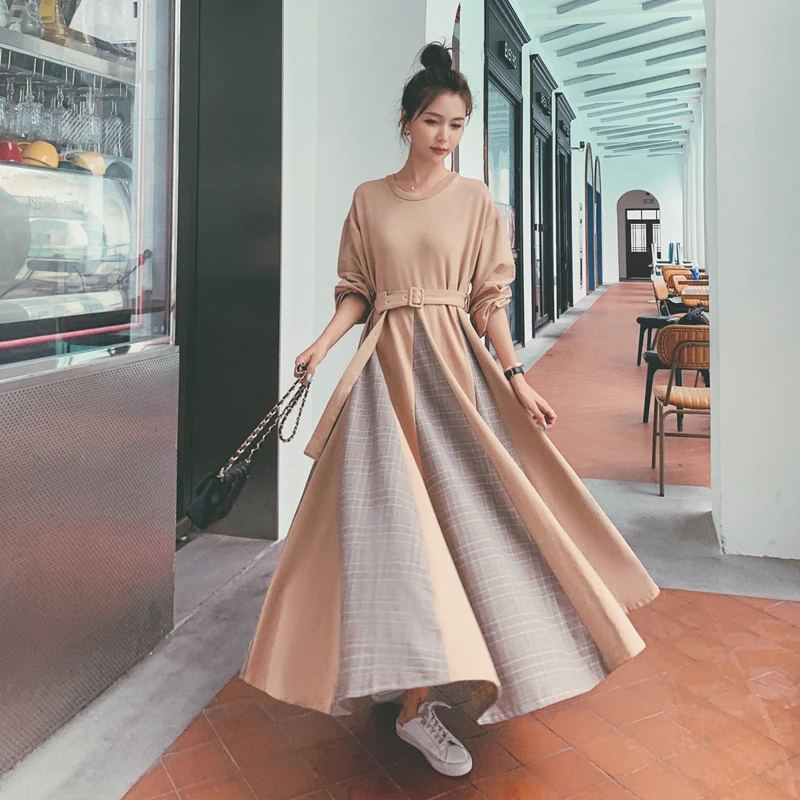 NSMW MI 2021 French Long Sleeve Sweater Dress Women Spring Autumn Clothing Large Swing Color Matching Casual Long Dress D49
