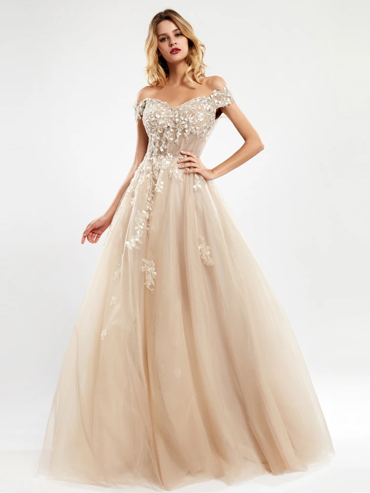 evening gowns with sleeves BEPEITHY Off The Shoulder Lace Evening Dresses Long For Women 2022 Champange A-Line Sleeveles Prom Gown Reception Elegant long evening gowns Evening Dresses