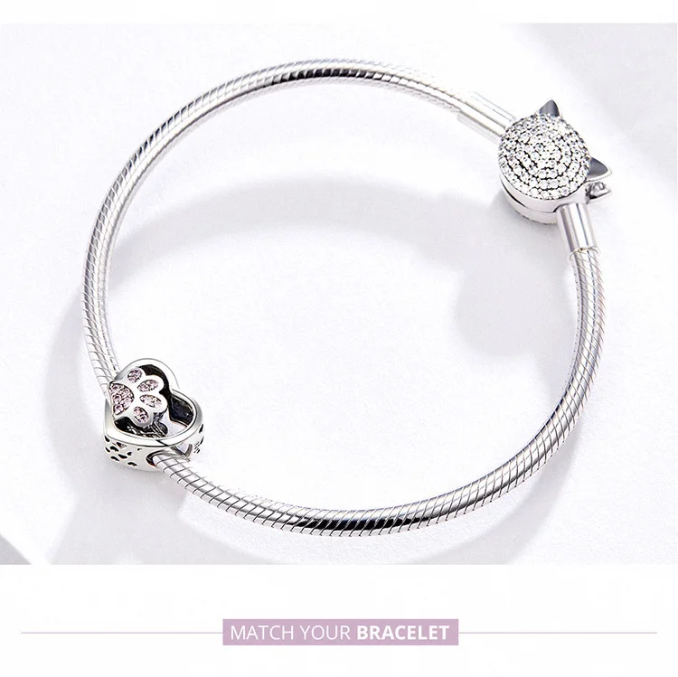 Starland Cat Love Heart-shape Charm 925 Sterling Silver Paw Footprints Heart Charms for Bangle Bracelet Fine Jewelry