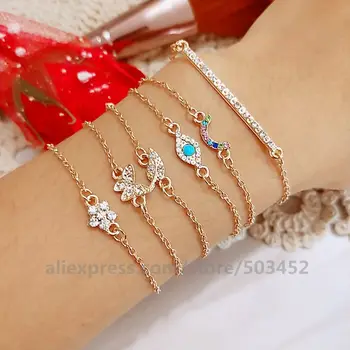 

100set/lot Gold Color Bracelet Set WholesaleTemperament Crystal Bracelets Multi-layer Leaf Flower Eye Chain Jewelry For Women