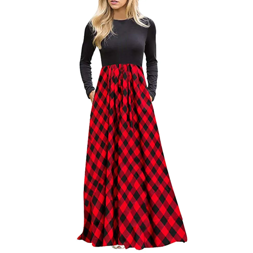Женское платье Bloemenprint Boho Lange в клетку с длинным рукавом Элегантное Длинное Платье макси с карманами - Цвет: RD