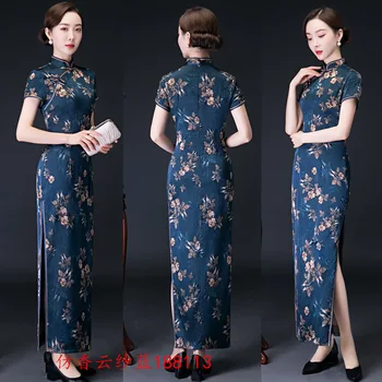 

Handmade Button Qipao Sexy Women Satin Daily Casual Dress Long Qipao Print Flower Chinese Cheongsam Size M-4XL