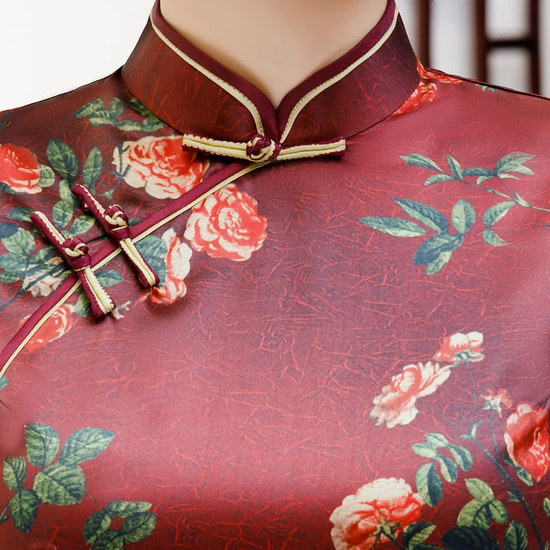 Китайский Стиль вечернее платье, пикантное элегантное леди тонкий Cheongsam Винтаж принт из сатина с украшениями в виде цветов Qipao Размеры M-4XL