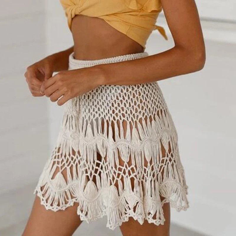 Boho, ручная работа, хлопок, крючком, белые мини юбки для женщин, летняя, открытая, высокая талия, пляжная юбка с кисточками, а-силуэт, низ