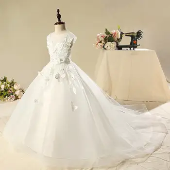 

2019 Children Girls Sleeveless Lace Dress Kids First Communion Formal Vestido Princess Wedding Party Prom Ball Gown Dress F47