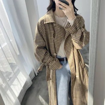 

Long Vintage Double-breasted Plaid Trench Coat 2020 New Korean Loose Spring Women Coat