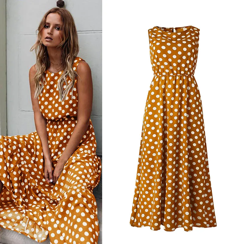Fashion Dot Printed Dresses For Women Summer Sleeveless Dress Elastic Waist Sexy Beach Pleated Yellow Brown Blue Costume | Женская