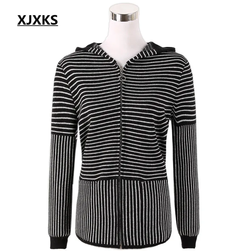 XJXKS autumn winter new fashion hooded women's jacket plus size striped comfortable cashmere women's knitted cardigan coat