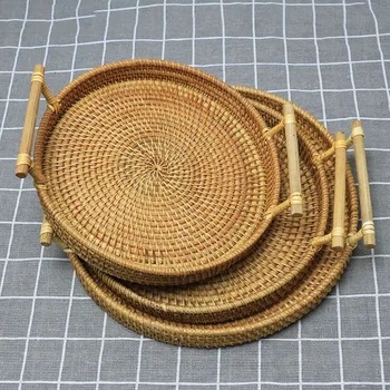 

Hand Woven Wicker Rattan Basket Bread Fruit Snack Tray Round Storage Basket UND Sale