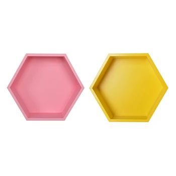 

2x Nursery Kids Room Decoration Shelf Wooden Hexagon Shelves for Baby Child Bedroom Decoration Yellow & Pink
