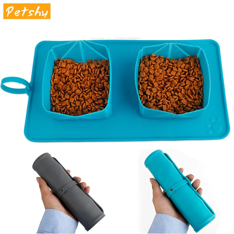 Petshy Foldable Pet Bowl for Cats feeder Double Bowls Eco-friendly Silicone Cat Dog Drinker Pet Products Animal Feeding Bowl