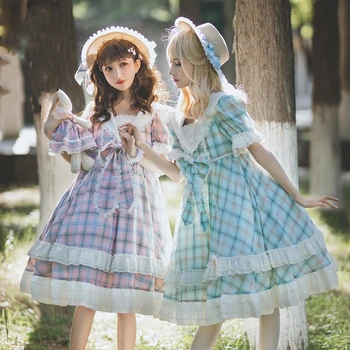 

Summer 2020 lolita dress sailor collar rabbit ears kawaii dress high waist gothic lolita op cute bowknot plaid victorian dress