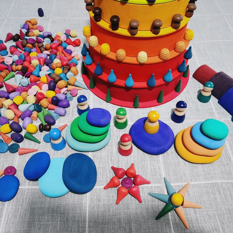 Toddler Playset Montessori and Waldorf Inspired Rainbow Wooden Toys Colorful Rainbow Blocks Educational toys for Children afbeelding
