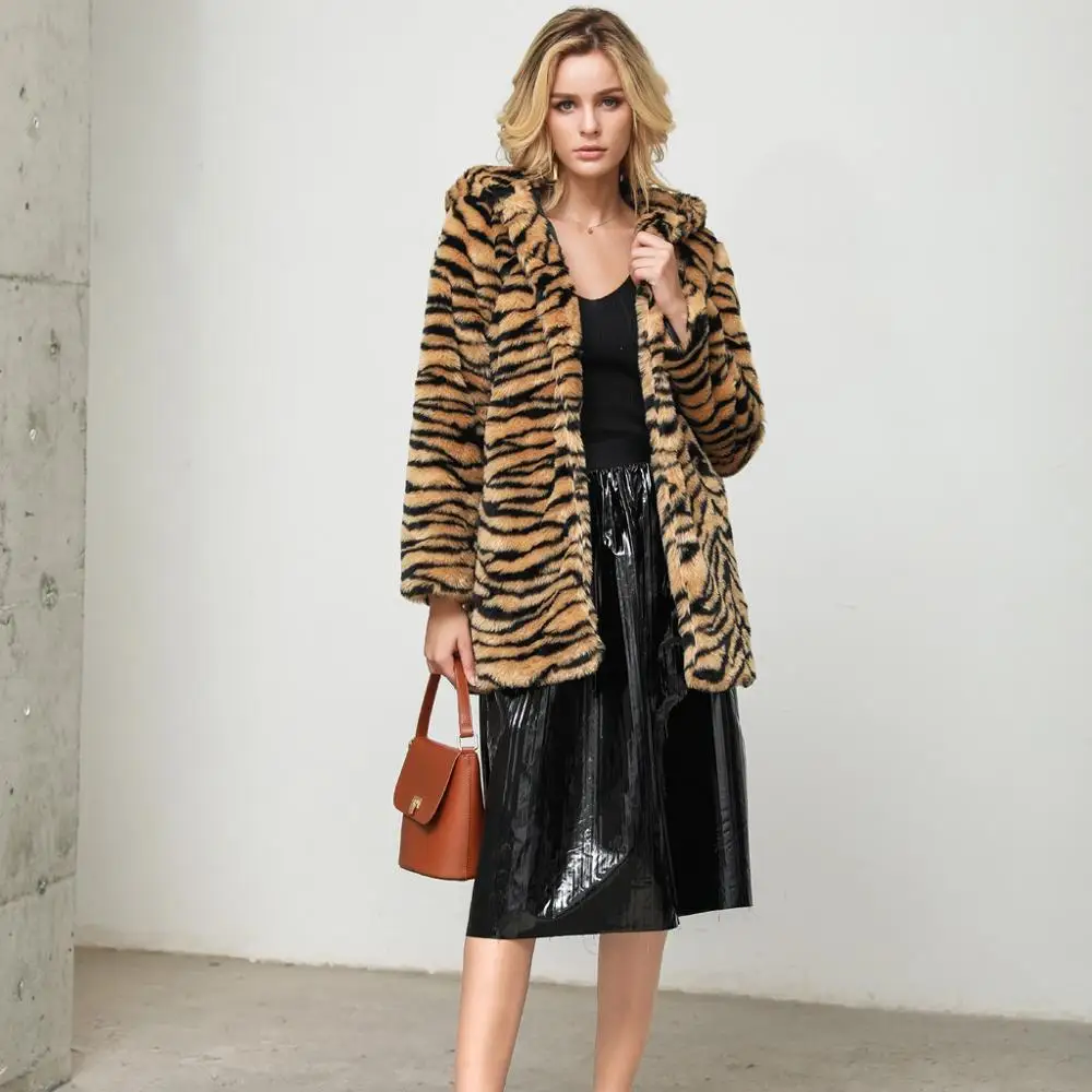

Fur Coat Women's Autumn Winter Female Jackets Tiger Pattern Long-sleeved Faux Fur Outwear Cardigan Loose Hooded Pocket Coats BB4