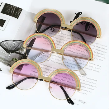 

Kids Sunglasses Round Metal Painted Sun Glasses Rainbow Pink Glasses Shades for Boys Girls Baby and Children Age 5-10
