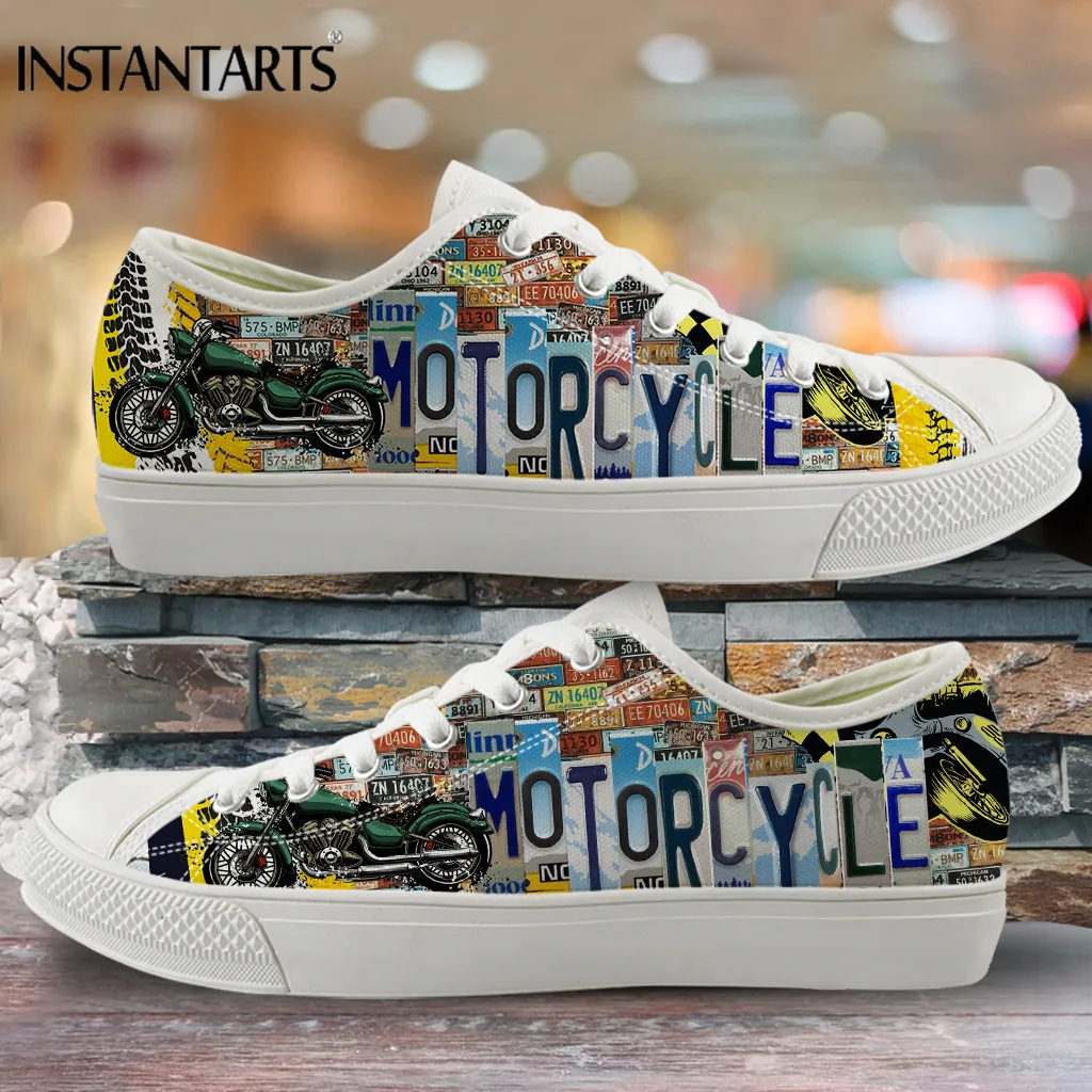 

INSTANTARTS Cool Motorcycle Design Casual Canvas Shoes for Girls Boys Low Top Lace Up Flats Shoes License Plate Print Sneakers