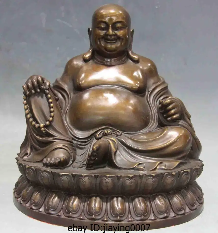 

23cm Chinese Buddhism Temple Copper Bronze Happy Maitreya Rohan Monk Buddha Statue Garden Decoration 100% real Brass Bronze
